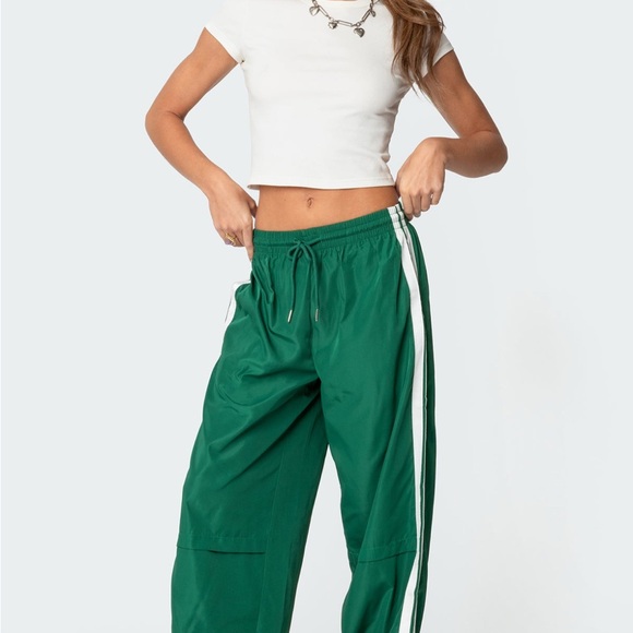 Edikted Pants - Edikted Green Track Pants with White Stripes